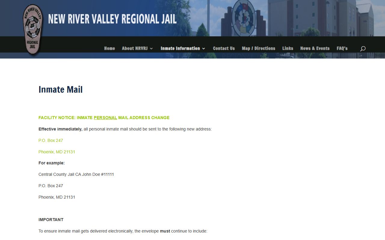 New River Valley Regional Jail mail rules for Pulaski County inmate records