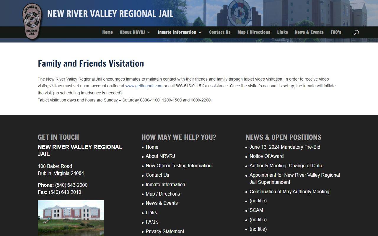 New River Valley Regional Jail video visitation rules for Pulaski County inmates